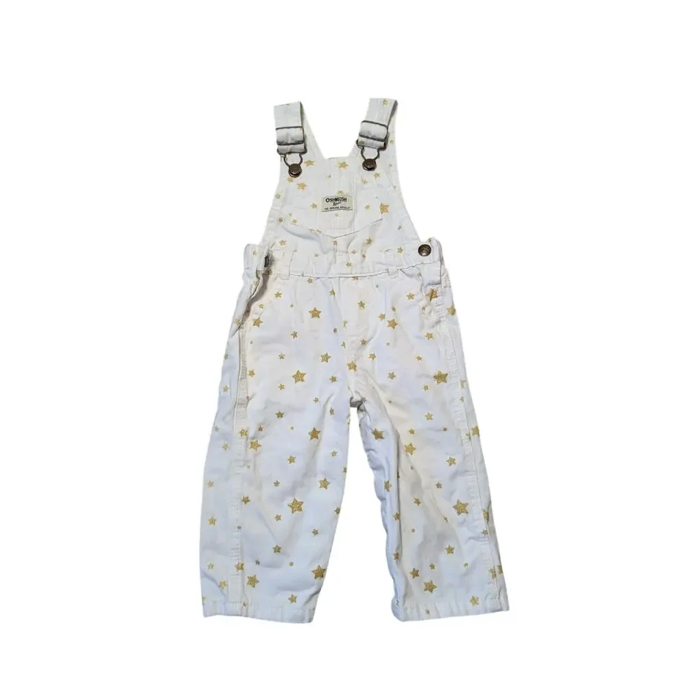 OshKosh B’gosh Baby Star Print Overalls Size 12M White Gold Cotton Bib Overalls